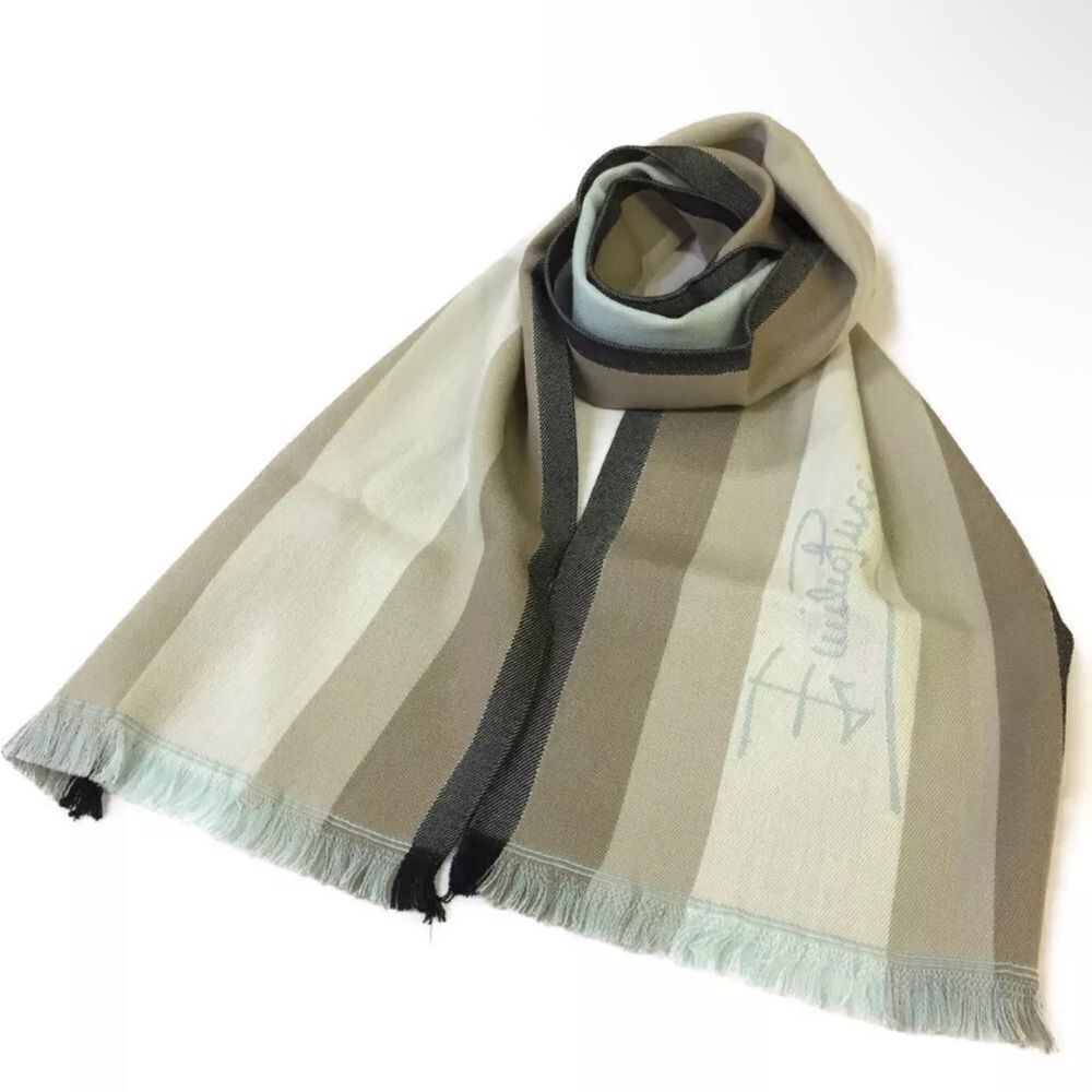 Auth NWT Emilio Pucci 100% Wool Neutrals Blues Striped Scarf Stole Muffler Wrap